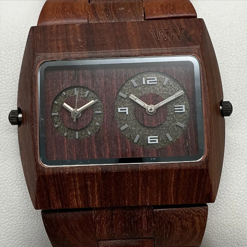 WeWOOD G12-108 Mens Watch 46mm Dual Time Natural Wood Bracelet New Battery 9.25